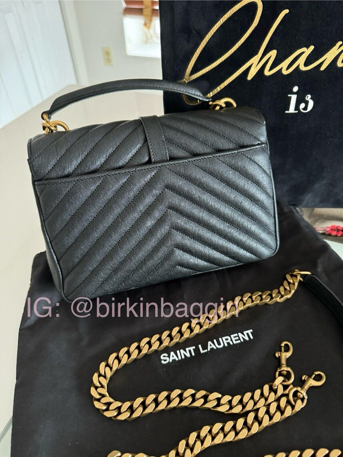 Saint Laurent Medium College Handbag Black Leather Bronze/Gold Hardware
