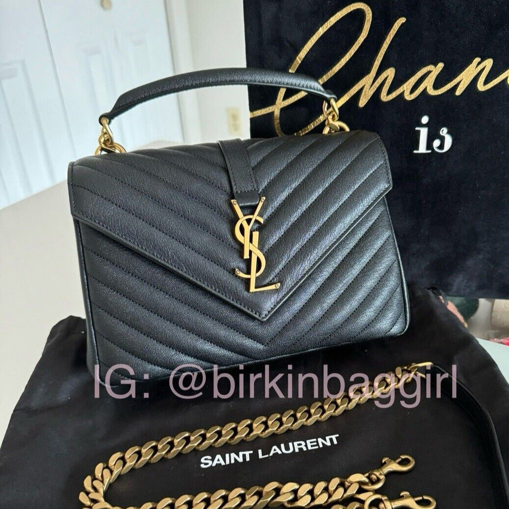 Saint Laurent Medium College Handbag Black Leather Bronze/Gold Hardware