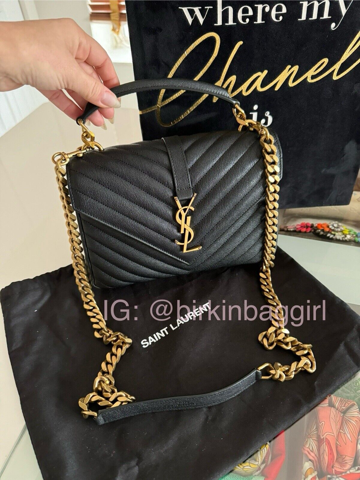 Saint Laurent Medium College Handbag Black Leather Bronze/Gold Hardware