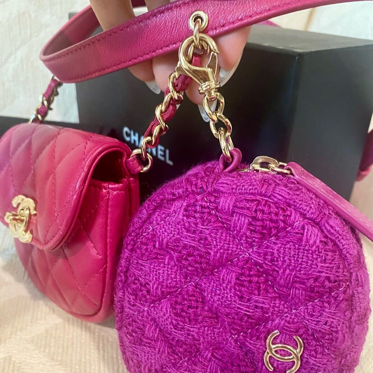 Chanel Belt Waist Bag Coin Purse Quilted Lambskin Boucle/Tweed Pink Purple