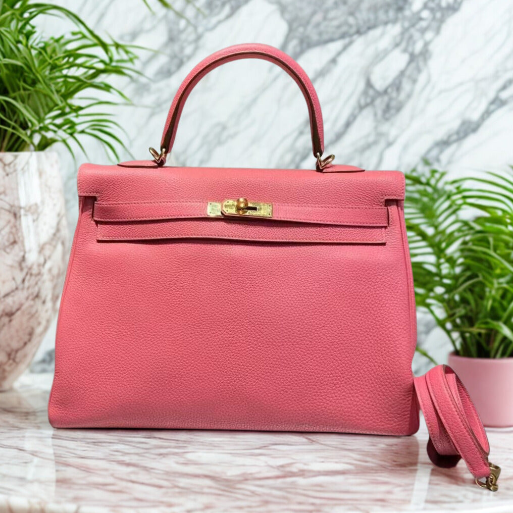 Hermes Kelly 35 Rose Lipstick with Gold Hardware