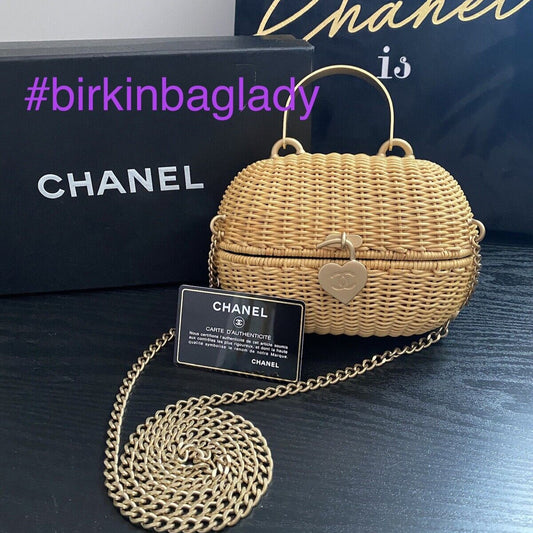 RARE Chanel Heart Logo Basket 2way Handbag Natural Rattan