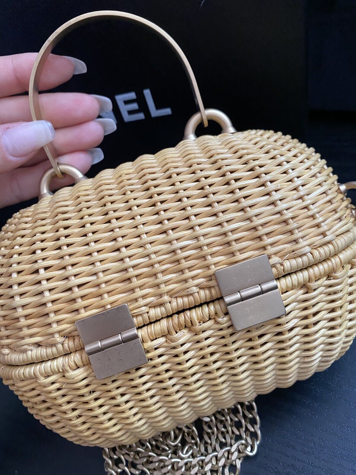 RARE Chanel Heart Logo Basket 2way Handbag Natural Rattan