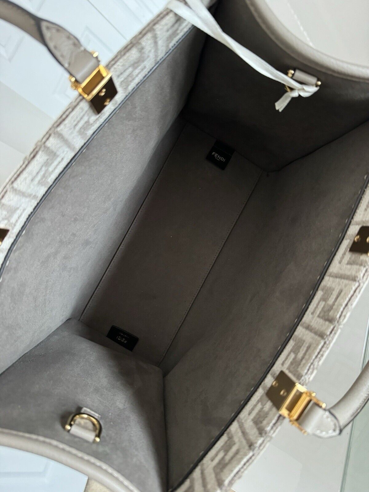 Fendi  Sunshine Medium 2Way Tote Shoulder Bag Leather Chenille Greige