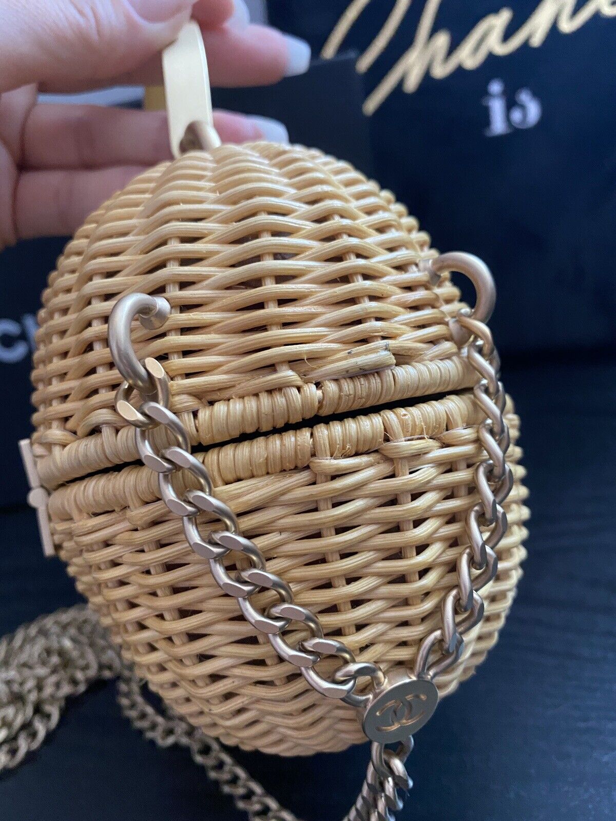 RARE Chanel Heart Logo Basket 2way Handbag Natural Rattan