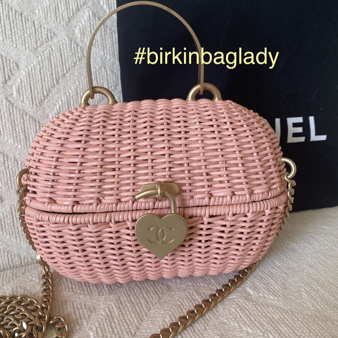 Rare Chanel Heart Logo Basket Wicker 2way Bag Pink