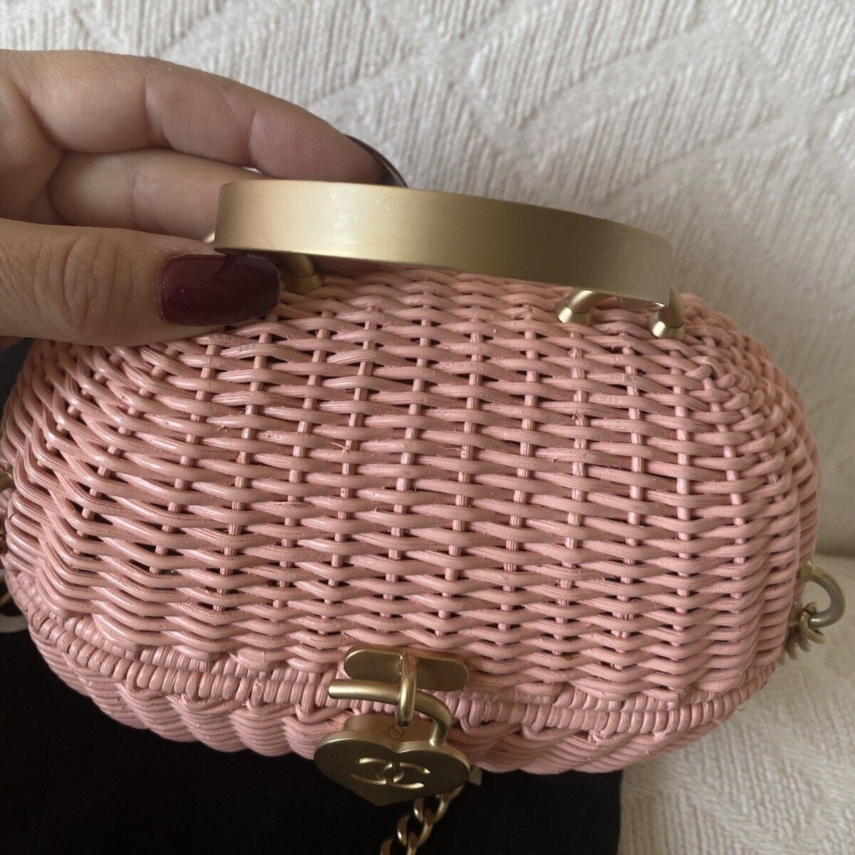 Rare Chanel Heart Logo Basket Wicker 2way Bag Pink