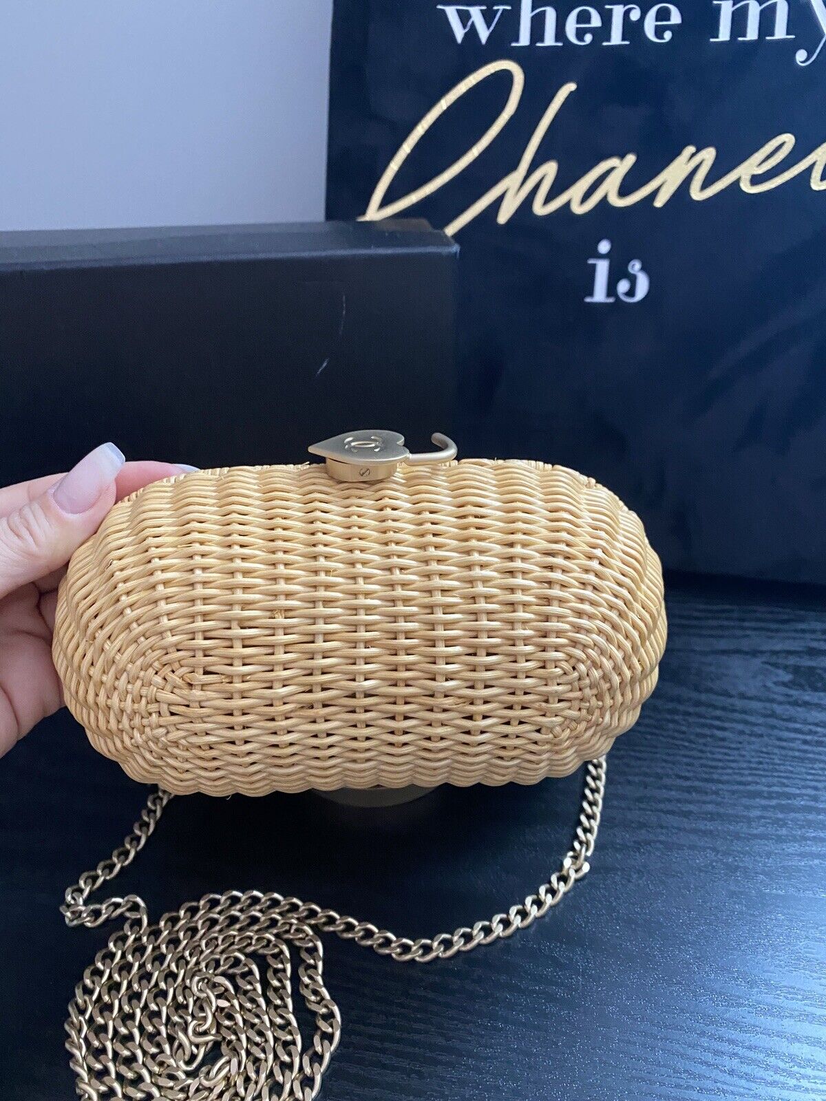 RARE Chanel Heart Logo Basket 2way Handbag Natural Rattan