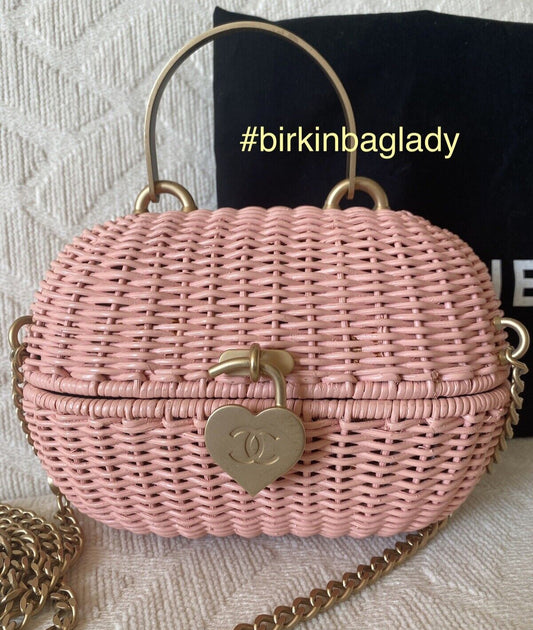 Rare Chanel Heart Logo Basket Wicker 2way Bag Pink