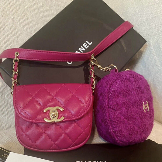 Chanel Belt Waist Bag Coin Purse Quilted Lambskin Boucle/Tweed Pink Purple