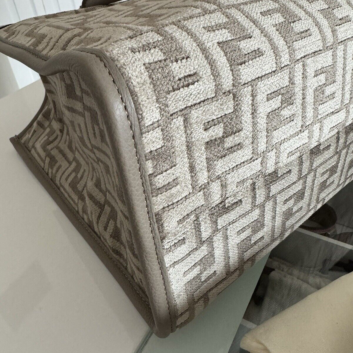 Fendi  Sunshine Medium 2Way Tote Shoulder Bag Leather Chenille Greige