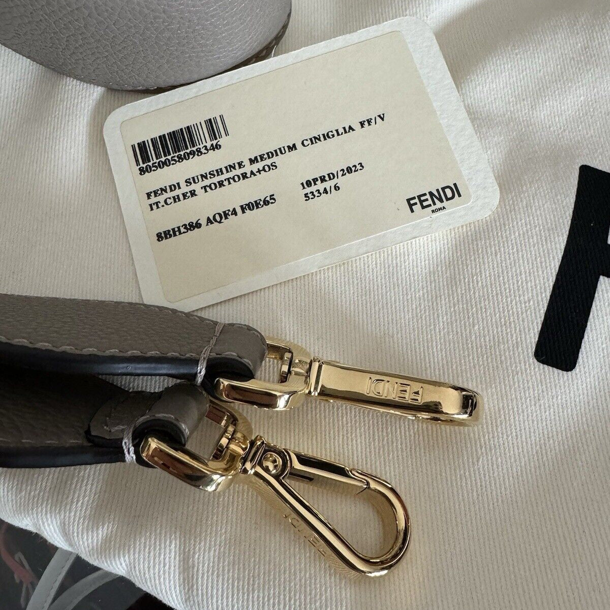 Fendi  Sunshine Medium 2Way Tote Shoulder Bag Leather Chenille Greige