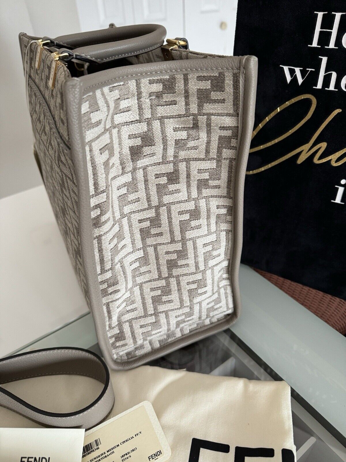 Fendi  Sunshine Medium 2Way Tote Shoulder Bag Leather Chenille Greige