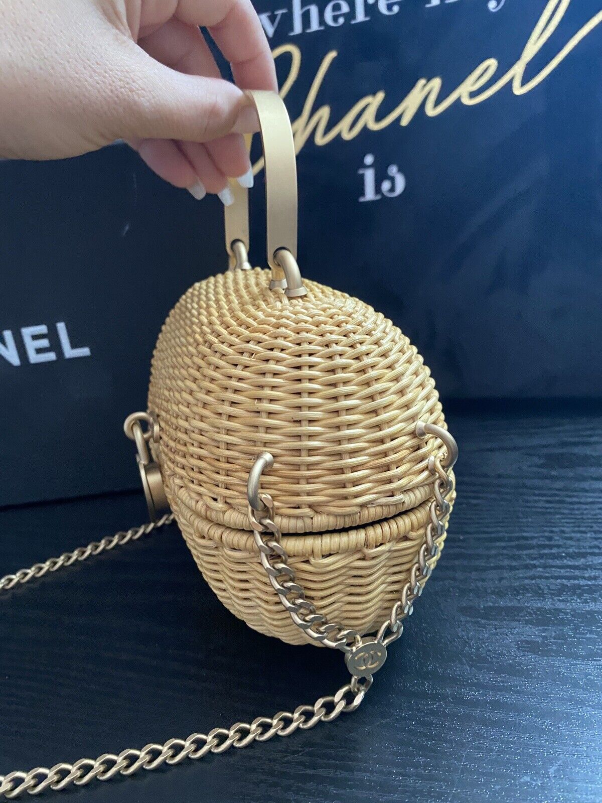 RARE Chanel Heart Logo Basket 2way Handbag Natural Rattan