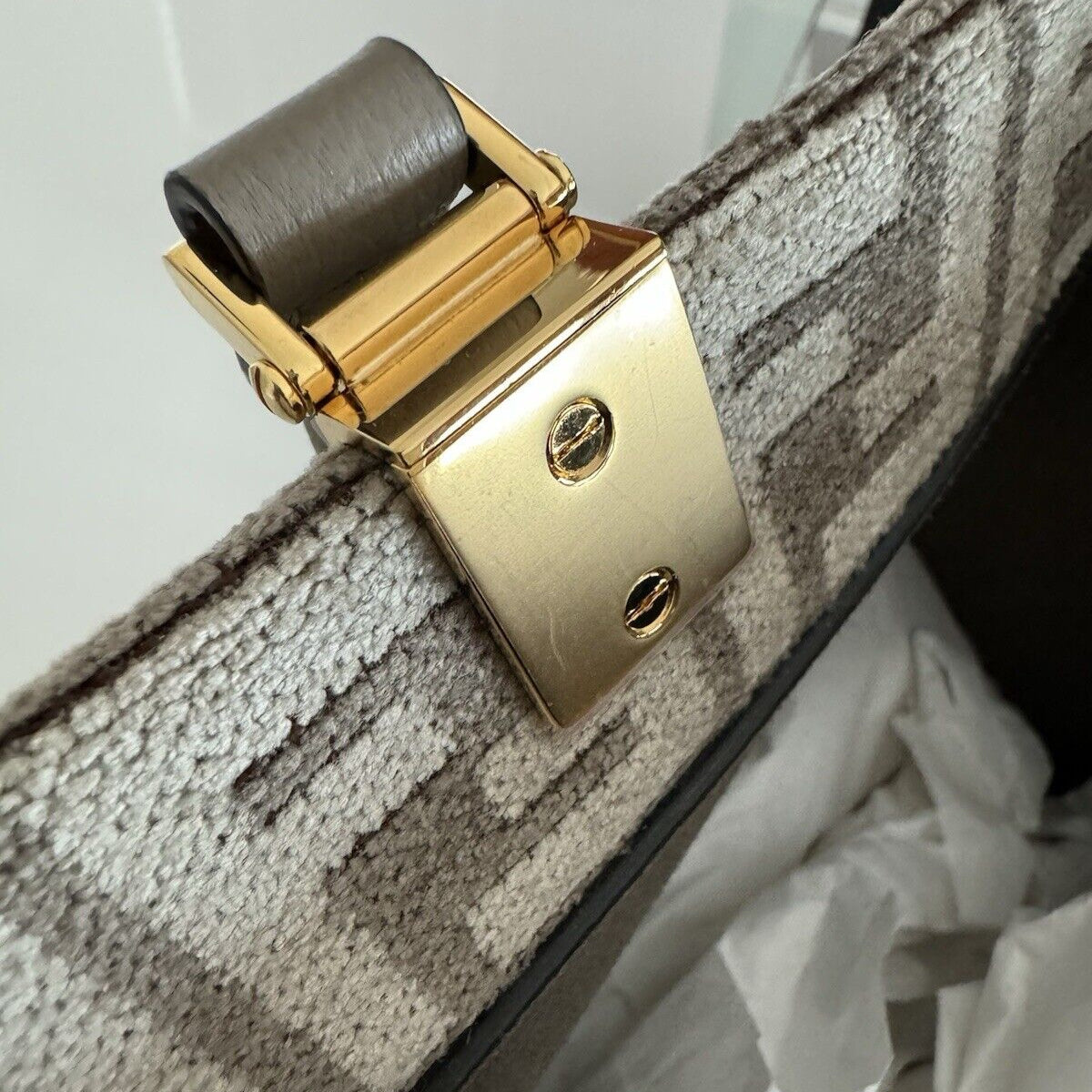 Fendi  Sunshine Medium 2Way Tote Shoulder Bag Leather Chenille Greige