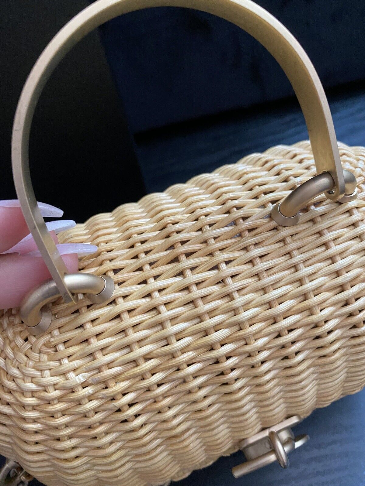 RARE Chanel Heart Logo Basket 2way Handbag Natural Rattan