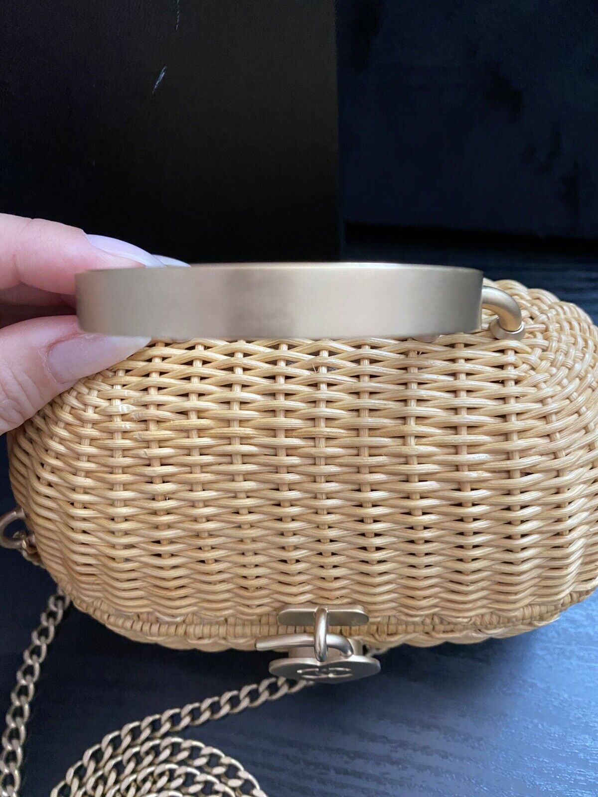 RARE Chanel Heart Logo Basket 2way Handbag Natural Rattan