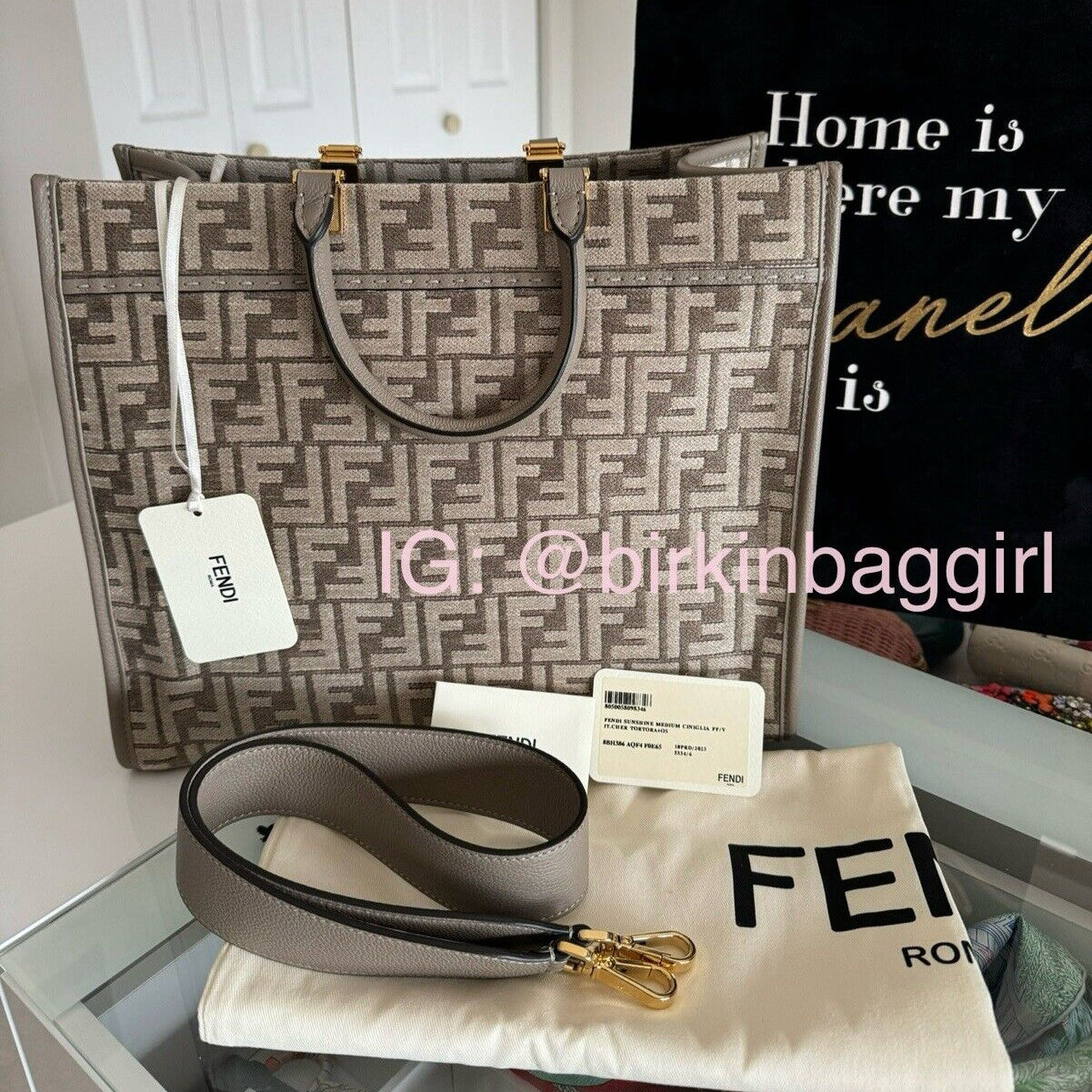 Fendi  Sunshine Medium 2Way Tote Shoulder Bag Leather Chenille Greige