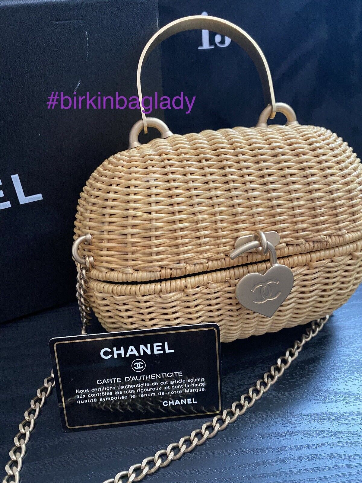 RARE Chanel Heart Logo Basket 2way Handbag Natural Rattan
