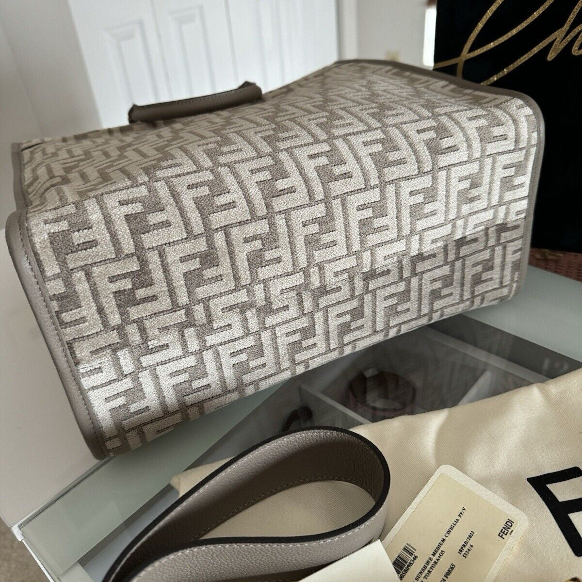 Fendi  Sunshine Medium 2Way Tote Shoulder Bag Leather Chenille Greige