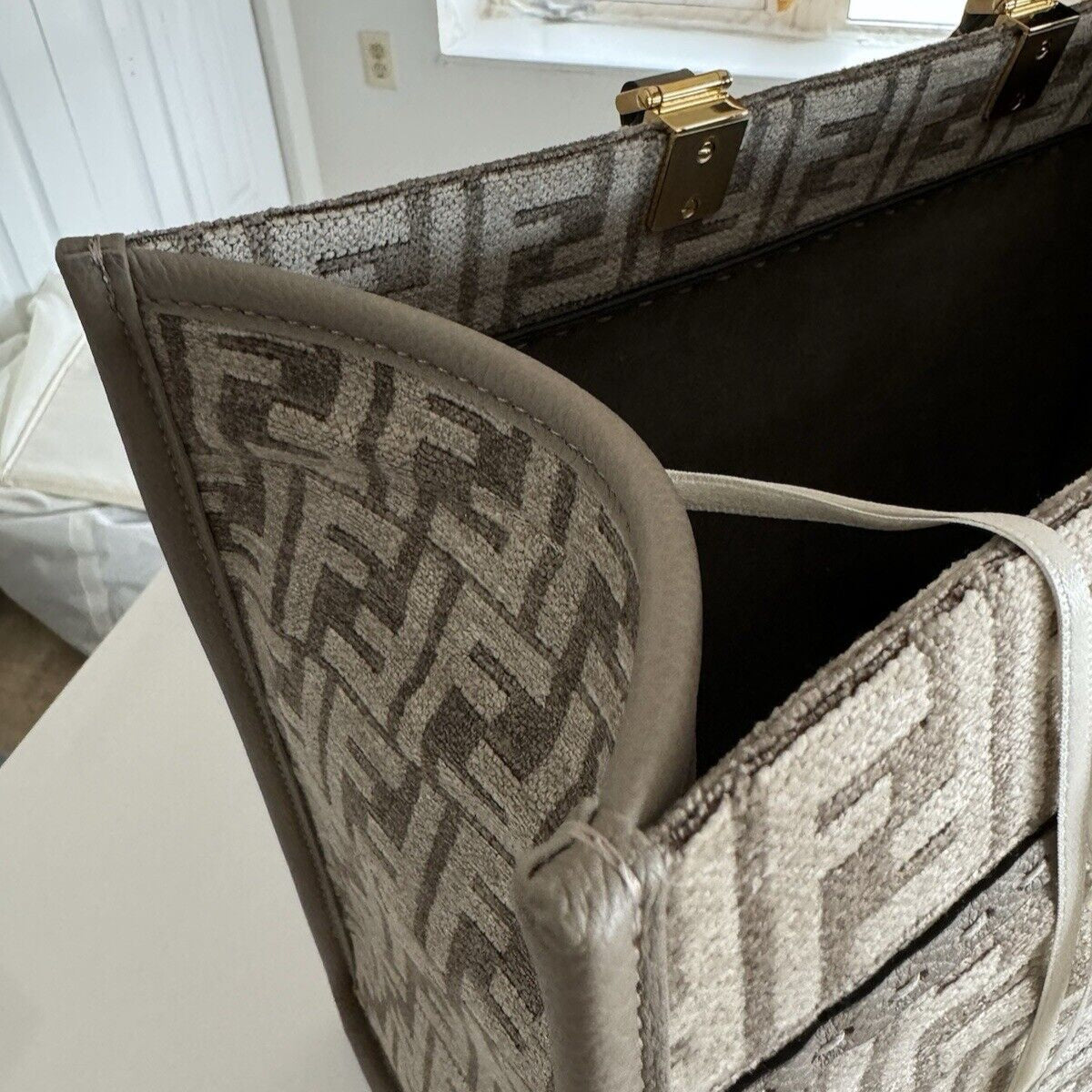 Fendi  Sunshine Medium 2Way Tote Shoulder Bag Leather Chenille Greige