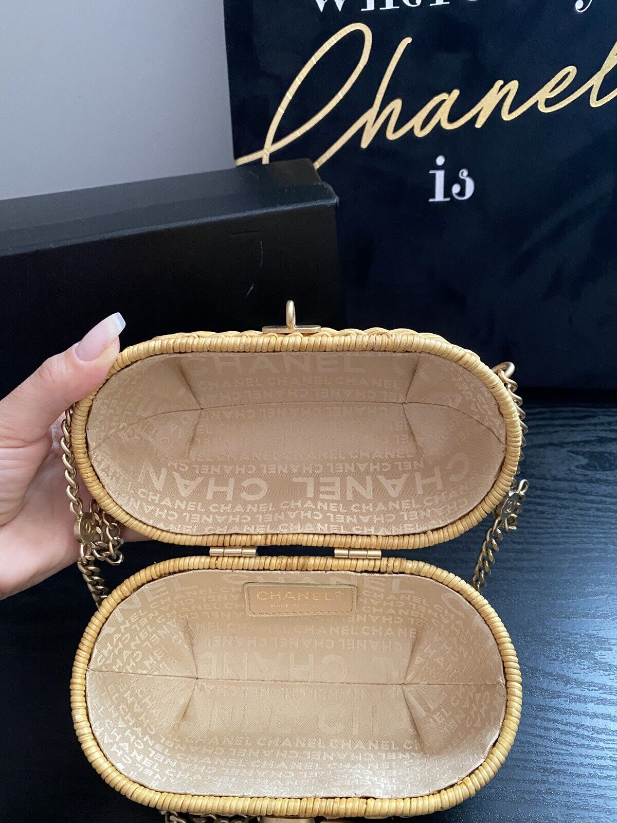 RARE Chanel Heart Logo Basket 2way Handbag Natural Rattan