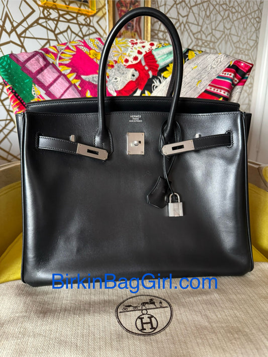 Birkin 35 Black Box Leather Palladium Hardware
