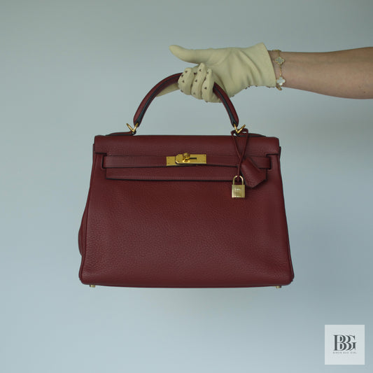 Vintage Hermès Kelly 32 Rouge H with Gold Hardware